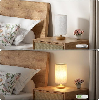 Fenmzee Small Lamps Set of 2 - Inline Control, Bedside Table Lamp for Bedroom with 3000K A15 LED Blub, Easy Assembly (Cream Shade - Wood Base Set of 2, 9" Inline Control)