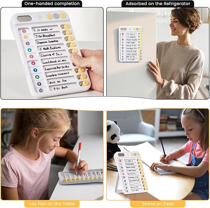 Chore Chart for Kids with Timer, ADHD Tools, Bedtime/Morning/Daily Routine Chart with 99-Min Countup/Down, Magnetic for Kids Checklist Schedule Board with Slider - White