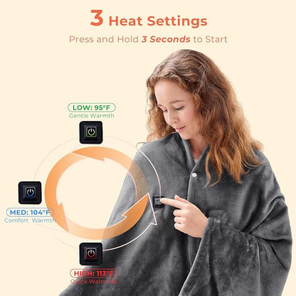 JOLLYVOGUE USB Heated Blanket Throw, Wearable & Portable Heating Electric Blanket for Adults, 3 Levels & 8 Heating Zone Shawl for Indoor & Outdoor, Dark Grey (Battery Not Included)