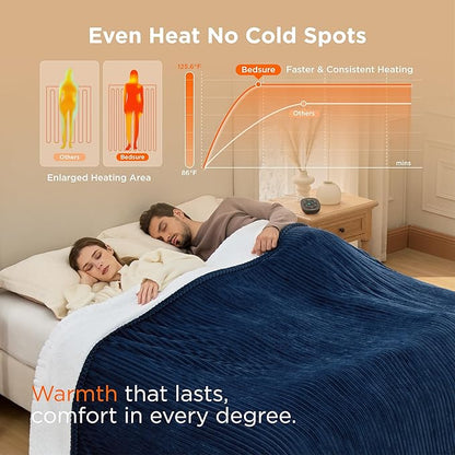 Bedsure GentleSoft Electric Blanket King Size - Soft Ribbed Flannel Heated Blanket with Dual Control, Heating with 10 Heat Settings & 10 Time Settings, 8 hrs Timer Auto Shut Off (90x100 inches, Navy)