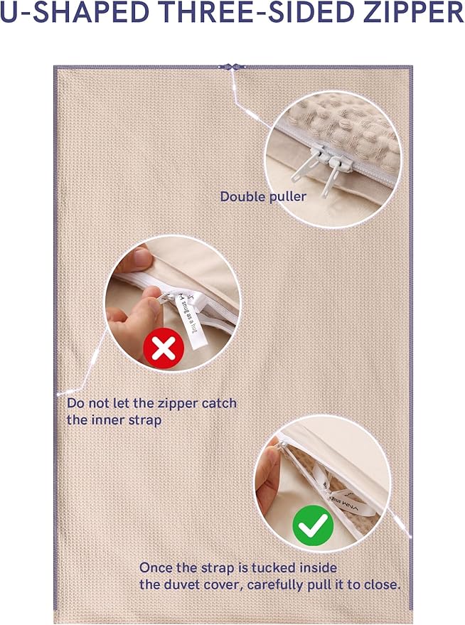 YnM Cotton Waffle Weave 3-Side Zipper Duvet Cover for Weighted Blankets | Easy on, Easy Off Oatmeal, 48"x72"