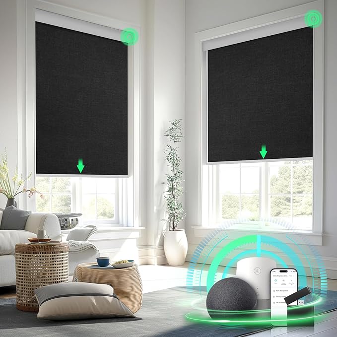 Motorized Blinds with Remote Control，Blackout Roller Shades，Custom Smart Blinds with Valance，Cordless Electric Window Blinds & Automatic Shades (Black,28" Wx72 H)