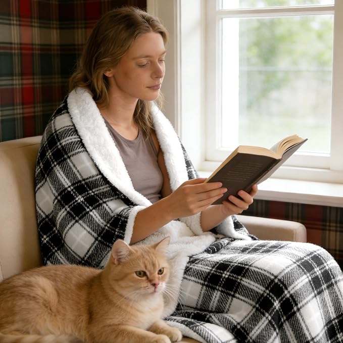 Electric Heated Blanket 50"x60",Fast Heated Throw with 8 Hours Auto Off/8 Heats Levels,Soft Grey Plaid Sherpa Electric Blanket with ETL Certification & Over-Heat Protection