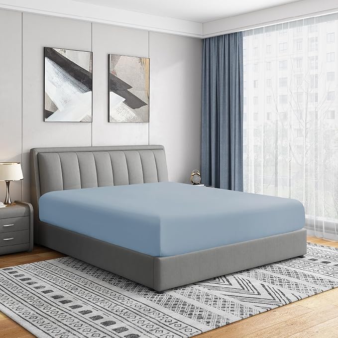 Cathay Home King Fitted Sheet - Double Brushed Ultra Soft - Wrinkle & Fade Resistant - 21" Extra Deep Pocket Fitted Sheet Only - Good Fit for 19"-23" Deep Mattress (King, Blue Fog)