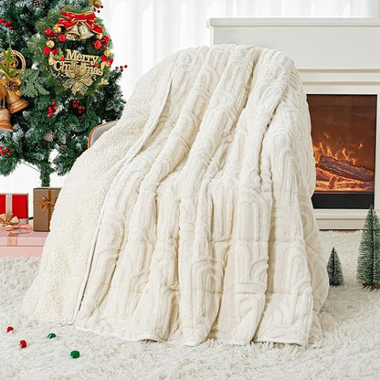 Cottonblue Weighted Blanket for Adults Queen Size 15 lbs, Soft Fluffy Sherpa Fleece Jacquard Weighted Blankets Throw 60" x 80" for Sleep Relax, Fuzzy Warm Arch Heavy Blanket for Bed Couch, Cream White