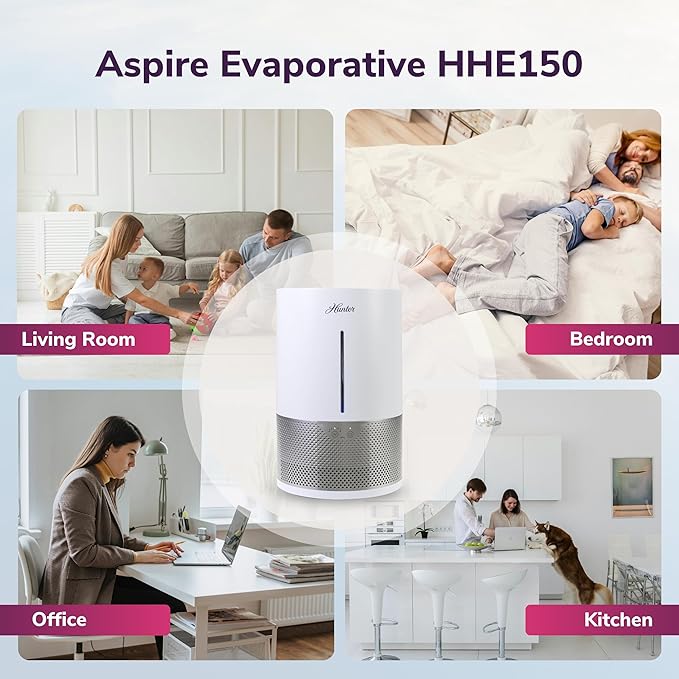 HHE150 Hunter Aspire 4.8L Evaporative Humidifier with PermaWick Filter (4.8L) - Remove Contaminants & White Dust for Clean Mist & Air – Medium Humidifier for Home, Bedroom, or Dorm - White