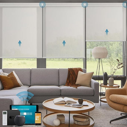 Motorized Light Filtering Roll Shades Work with HomeKit,1% Openness Smart Blinds for Windows, Electric Blinds with Remote, APP/Voice Control, Automatic Solar Shades,1% Openness Aventus Beige