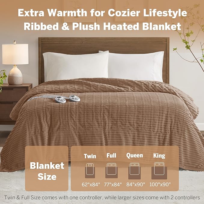 Serta Electric Blanket, Soft, Ribbed, Plush Heating Blanket King for Office, Couch, 1-12 hr Auto Shut Off Timer, 10 Lv Heating, ETL Certified, King 100"x90" Chestnut Brown