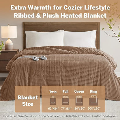 Serta Electric Blanket, Soft, Ribbed, Plush Heating Blanket Queen for Office, Couch, 1-12 hr Auto Shut Off Timer, 10 Lv Heating, ETL Certified, Queen 84"x90" Chestnut Brown