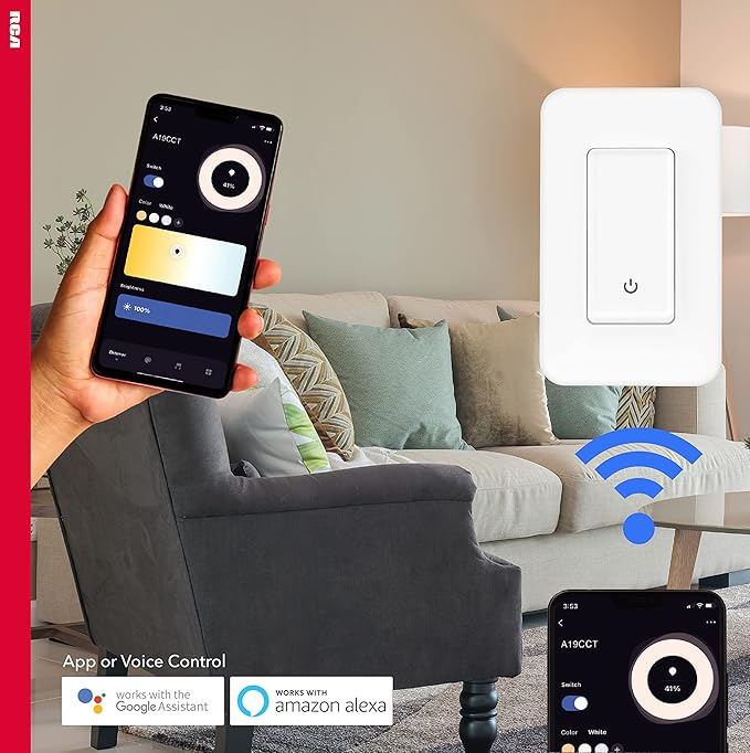 RCA 3-Way Smart Light Switch | Home Décor Smart Wall Switch 600W LED | Wireless Light Switch | Create Schedules via RCA App or WiFi Enabled Voice Control Google Assistant & Alexa Devices for Home