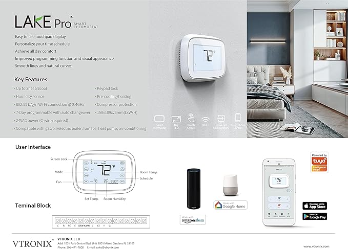 Lakepro-1 Programmable Thermostat for Home - Wi-Fi Enabled with Alexa Compatibility - Control Temperature and Remote Monitoring with Phone App (Requires a C-Wire)