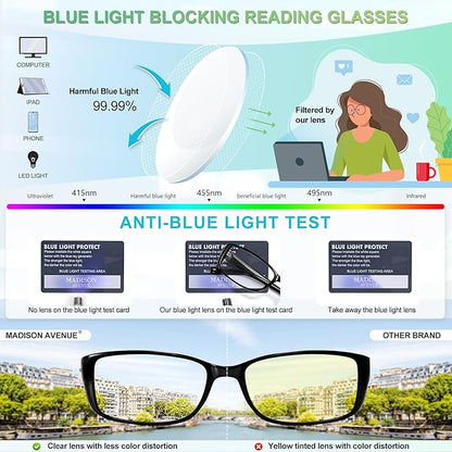 Madison Avenue 2 Pack Classic Blue Light Blocking Reading Glasses for Women, Vintage Anti Glare/Eyestrain Computer Readers Black/Nude Beige +2.0