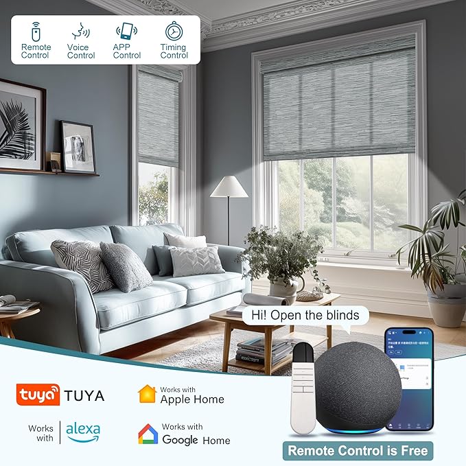 BERISSA Motorized Blinds with Remote,Light Filtering Smart Roller Shades with App,Voice Control,Thermal Insulated Automatic Blinds,Electric Shades with USB/Solar Pannel.Filter Jacquard Grey
