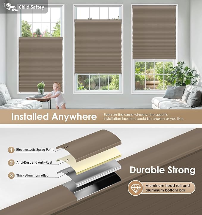LazBlinds No Tools No Drill Cordless Cellular Shades, Light Filtering Honeycomb Shades for Home, Thermal Insulation Blinds for Windows, 30" W x 48" H, Taupe