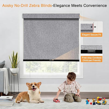 AOSKY No Drill Cordless Blackout Roller Shades with Valance,Customize Blinds for Indoor Windows,Room Darkening Window Shades Pull Down with Free-Stop Spring System, UV Protection for Home Heather Grey