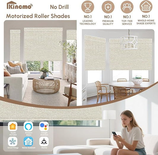 Kincmo No Drill Motorized Blinds with Remote, 100% Blackout Roller Shades for Windows, Custom Electric Blinds Compatible with Alexa, Apple Homekit, Google Home (100% Blackout Starscape Cream)