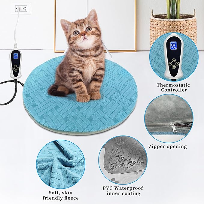 Cat Heating Pad with Smart Thermostat Switch and Chew Resistant Cord, Upgraded Adjustable Controller, Temperature and Timer Adjustable, Round-16 inches Soft Cloth Heated Cat Bed for Dogs & Cats