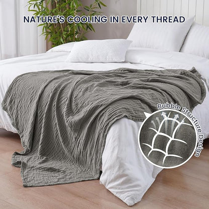 PHF Cooling Muslin Throw Blanket for Hot Sleepers, 60% Rayon Derived from Bamboo, 40% Cotton for Summer, 4-Layer Breathable Gauze Blanket for Bed Couch, 50"x60", Grey