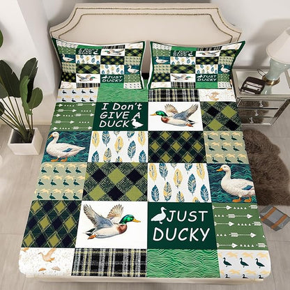 Mallard Duck Kids Fitted Sheet Queen Size,Geometric Grids Arrows Patch Bedding Set,Boys Girls Room Decor,Hunting Animal Wildlife Rustic Cabin Bed Cover,Green Bed Sheet,2 Pillowcases(No Top Sheet)