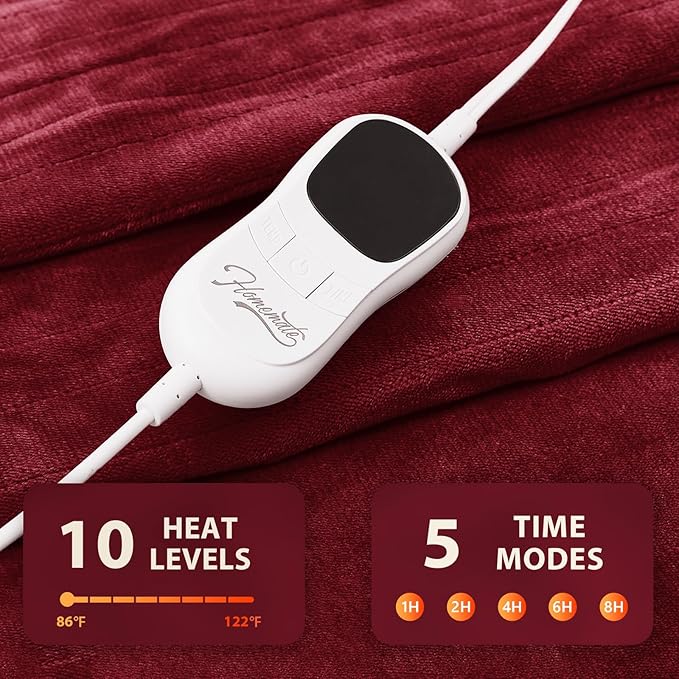 Homemate Heated Blanket Electric Throw - 50"x60" Heating Blanket Throw 1/2/4/6/8 Hours Auto-Off 10 Heat Level Over-Heat Protection Flannel Sherpa ETL Certification