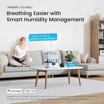 Smart Humidifiers for Bedroom Large Room Home, 6L Cool Mist Top Fill Humidifier with Essential Oil Diffuser, Smart App & Voice Control, for Nursery & Plants, White, 1 Pack + 7 Color NightLight