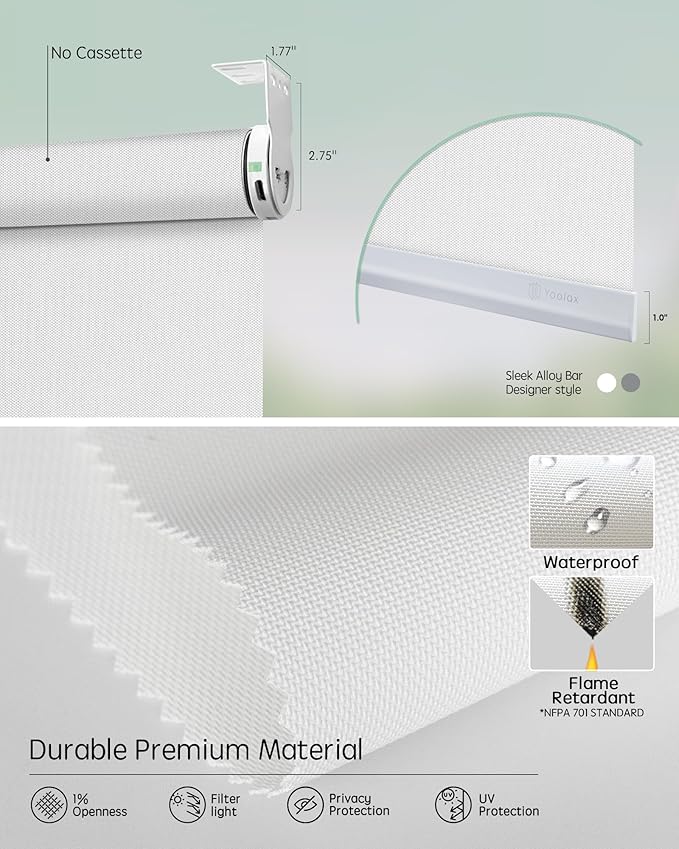 Yoolax Smart Coupled Solar Shades Compatible with Alexa, Motorized Blinds with Remote Flame Retardant Coupled Roller Shades for X-Large Windows, Custom Size (XL - 1% Openness White)