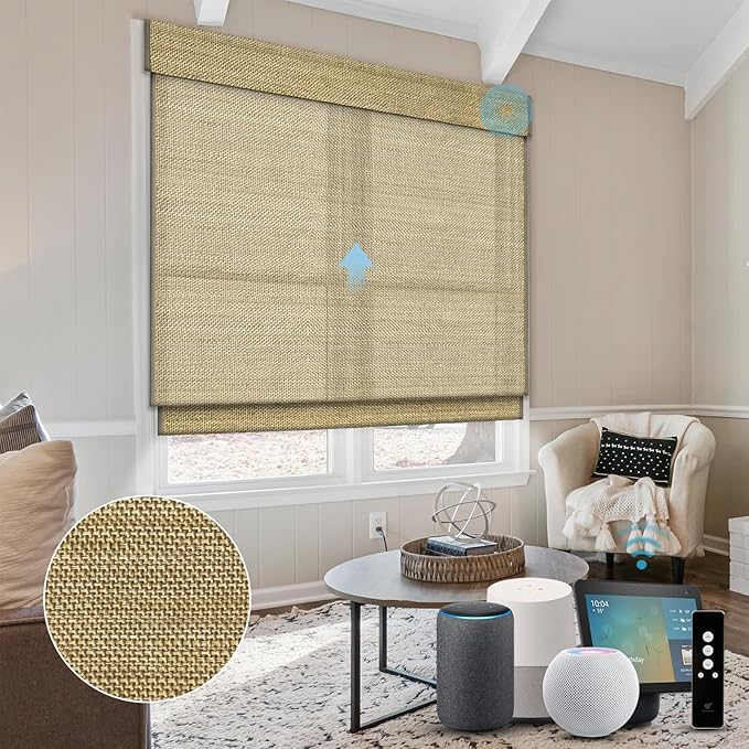 SmartWings Motorized Blinds Natural Woven Wood Shades for Windows Work with Matter Thread Homekit Z-Wave Alexa Google, Electric Auto Roman Shades Cordless Remote Control Customized, Kenaf 040