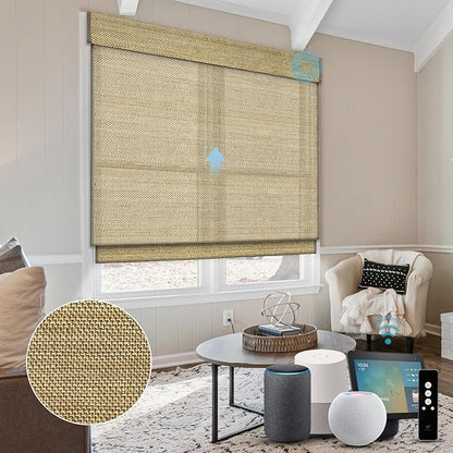 SmartWings Motorized Blinds Natural Woven Wood Shades for Windows Work with Matter Thread Homekit Z-Wave Alexa Google, Electric Auto Roman Shades Cordless Remote Control Customized, Kenaf 040
