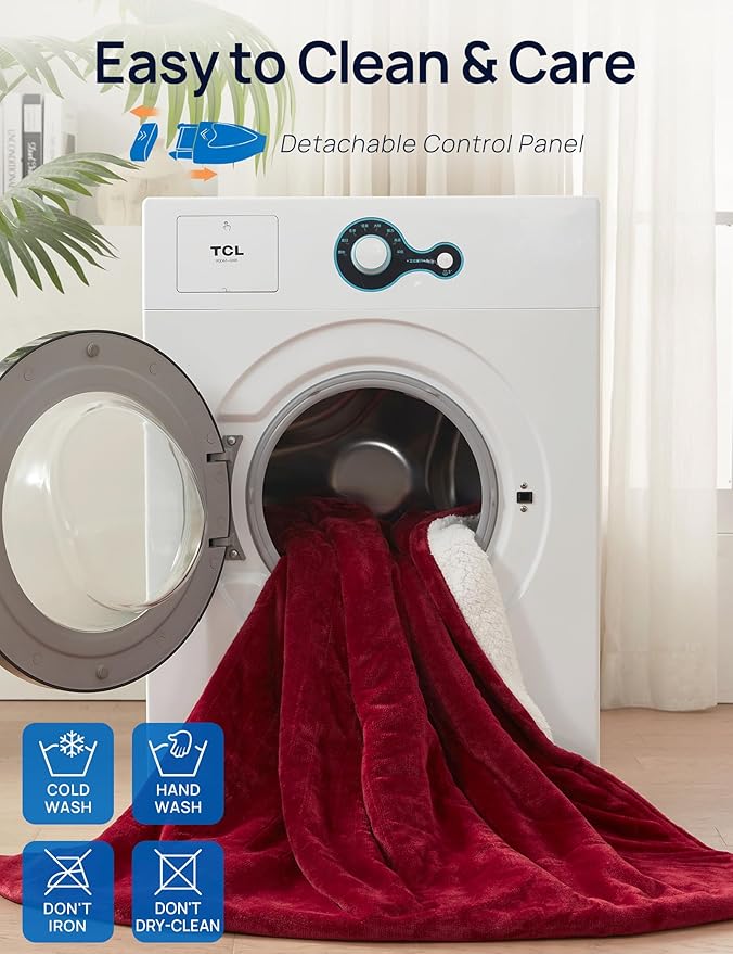 Westinghouse Electric Blanket with Foot Pocket for Adults, Ultra Soft Flannel to Sherpa Heated Throw with 6 Heating Levels & 2-10 Hours Time Settings, Fast Heating & Machine Washable, 50x62, Burgundy