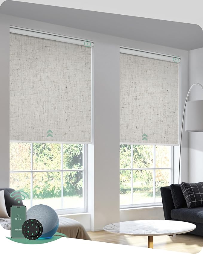 Yoolax Motorized Roller Shades, Blackout, Smart, Energy Efficient, Linen Beige, 59"W x 72"H, Compatible with Alexa