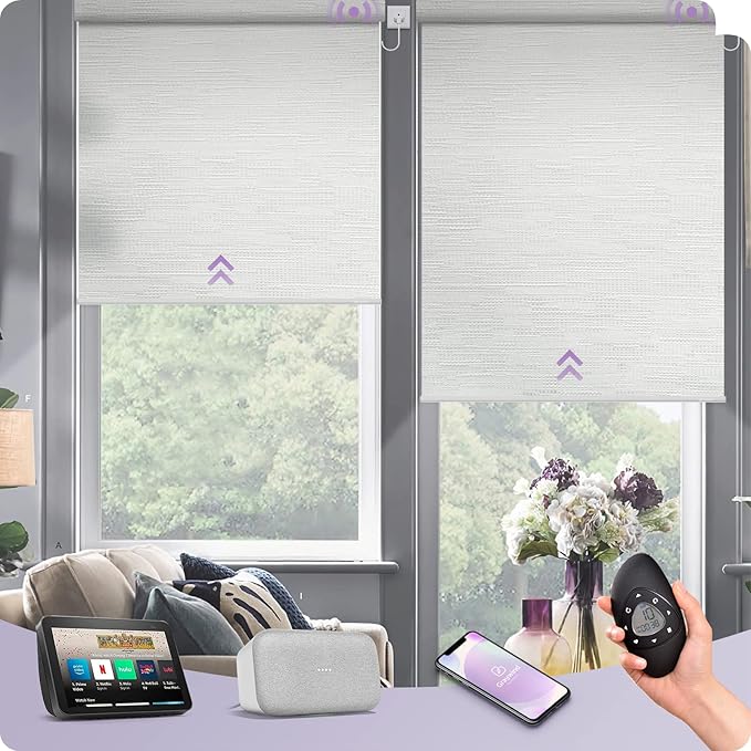 Graywind Motorized Shades 100% Blackout Compatible with Alexa Google WiFi Hardwired Smart Roller Shade Remote Control Automated Blinds, Customized Size (Jacquard White)