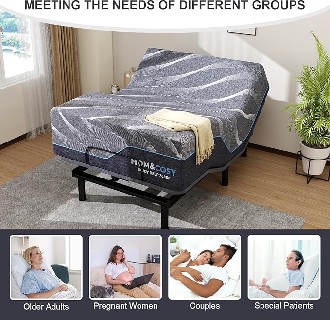 Vipbear Full Adjustable Bed Frame with Mattress, 14 Inch Grey Gel Memory Foam Firm Mattress in Box, Adjustable Bed Base with Separate Head/Foot Lift, Updated Electric Beds with USB,Wireless Remote