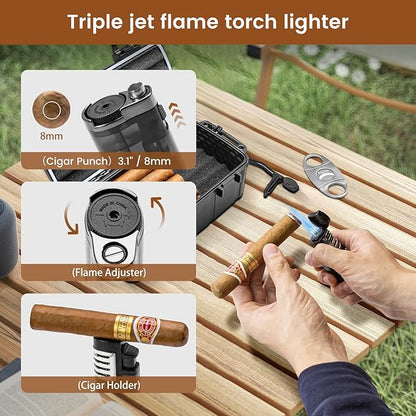 Flauno Travel Humidor - Portable Case Kit with Lighter (Without Gas), Cutter, Holder, Humidifier & Dropper, Waterproof, Crushproof, Airtight Seal (Holds up to 15 Cigars)