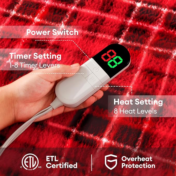 MAXEVE Heated Electric Blanket, 50"x60" Faux Fur Fast Heating Throw Blankets with 8 Heating Levels & 8 Hours Auto Off with Over-Heat Protection & ETL Certified, Plaid Red