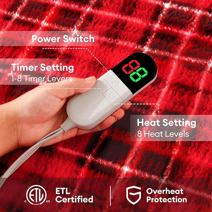 MAXEVE Heated Electric Blanket, 50"x60" Faux Fur Fast Heating Throw Blankets with 8 Heating Levels & 8 Hours Auto Off with Over-Heat Protection & ETL Certified, Plaid Red