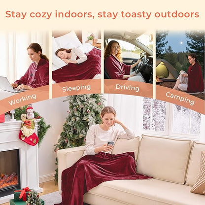 JOLLYVOGUE USB Heated Blanket Throw, Wearable & Portable Heating Electric Blanket for Adults, 3 Levels & 8 Heating Zone Shawl for Indoor & Outdoor, Red (Battery Not Included)