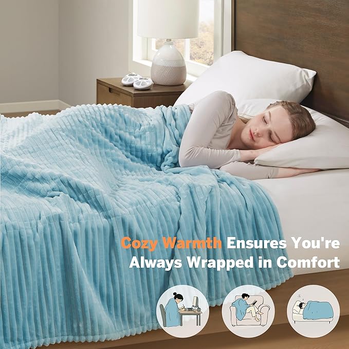 Serta Electric Blanket, Soft, Ribbed, Plush Heating Blanket Full for Office, Couch, 1-12 hr Auto Shut Off Timer, 10 Lv Heating, ETL Certified, Full 77"x84" Sky Blue