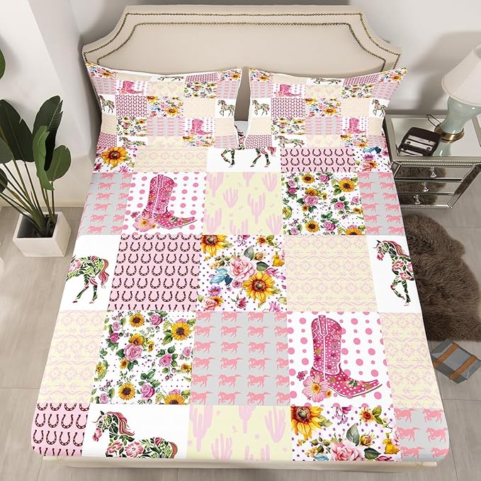 Cowgirl Boots Bedding Set Twin Size Western Cowboy Floral Horse Horseshoe Rustic Farmhouse Bed Set for Teens Kids Sheet Retro Pink Lattice Patchwork Bed Cover(1 Fitted Sheet+1 Pillow Case)
