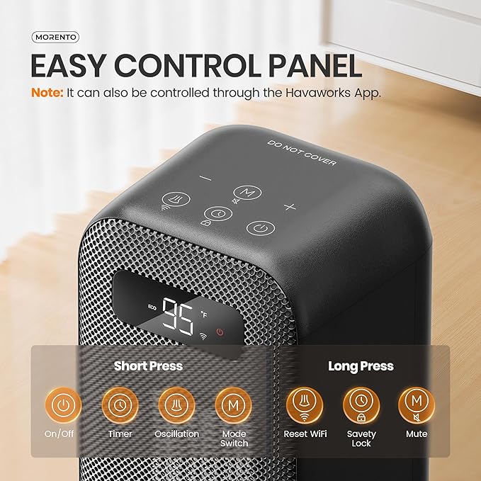 MORENTO Space Heaters for Indoor Use, Smart Space Heater, Wi-Fi & Voice Control, Portable Heater with Thermostat, 1500W Electric Heater, 12H Timer, Quiet Space Heater for Office Bedroom Home (Black)