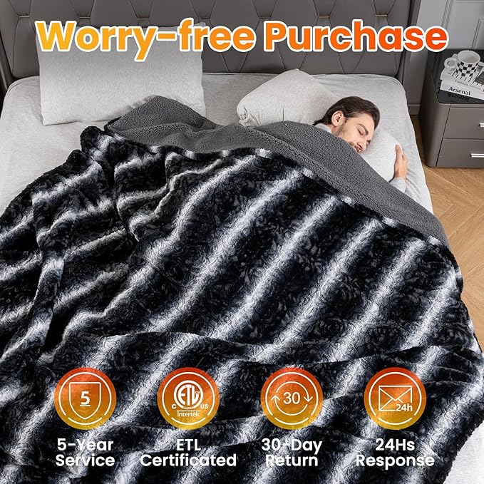 WOOMER Heated Blanket Full Size 77" x 84", Electric Blanket with a Control, 0.5-12 Hours Timer & 10 Heating Levels, ETL Certified, Black Grey Flowers Patterns Faux Fur & Sherpa, Machine Washable