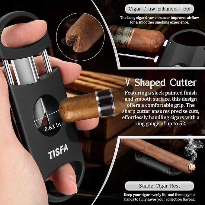 TISFA Cigar Humidor Set Travel Humidor Includes 2 Multifunctional Cutters, Hole Punch, Humidifier, Hygrometer, Portable Cedar Wood Lined Cigar Box Holder Case Gifts for Men (Black)
