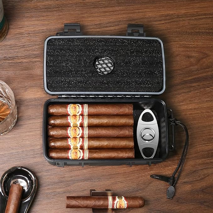 Flauno Travel Cigar Humidor - Portable Cigar Case with Cigar Cutter & Humidifier, Holds up to 15 Cigars, Waterproof, Crushproof, Airtight Seal, Durable