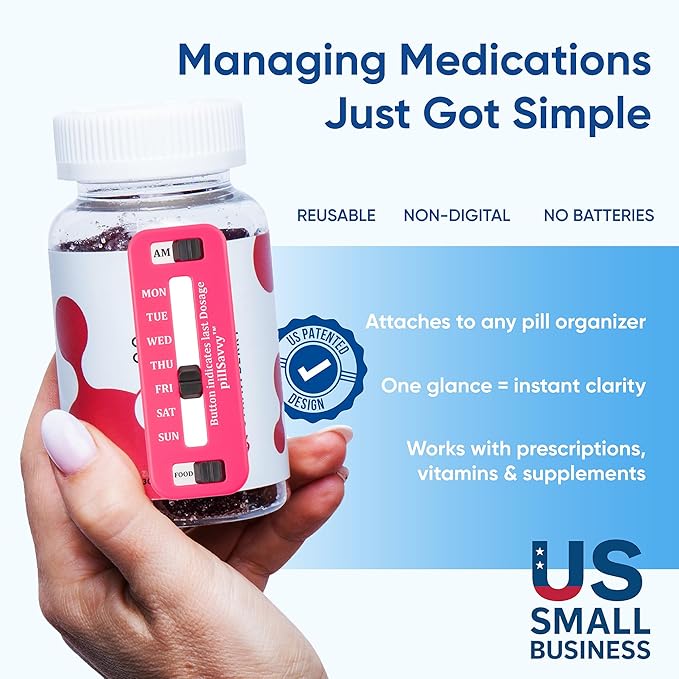 PillSavvy™ Daily Pill Tracker – Non-Digital, Reusable Medication Reminder for Bottles & Organizers – Easy to Use, Curved Back – Track Prescriptions, Vitamins, Supplements & Pet Meds (White, 2 Pack)