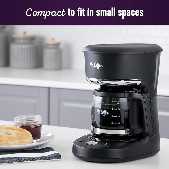 Mr. Coffee Programmable Coffee Maker 5 Cups with Auto Pause Glass Carafe Compact Design Black