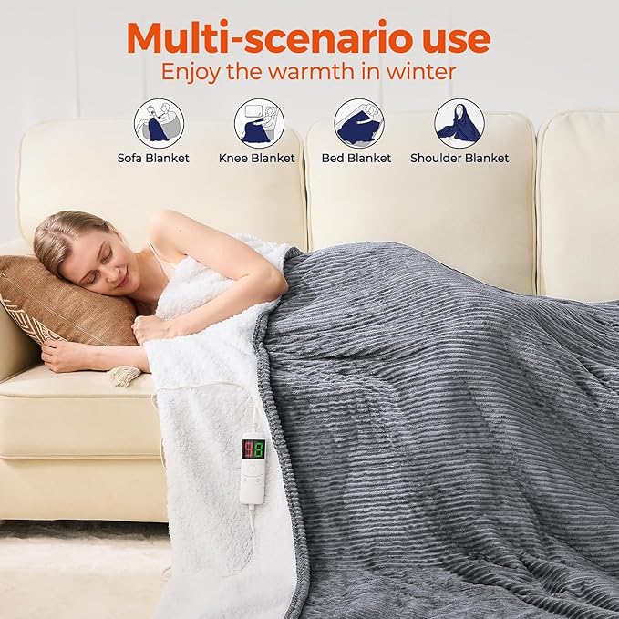 Electric Blanket King Size, 100"x90" Heated Blanket with Dual Control, Over-Heat Protection, 10 Heating Levels &1-8 Time Settings Auto-Off, Flannel & Sherpa Blanket Fast Heating, ETL Certification