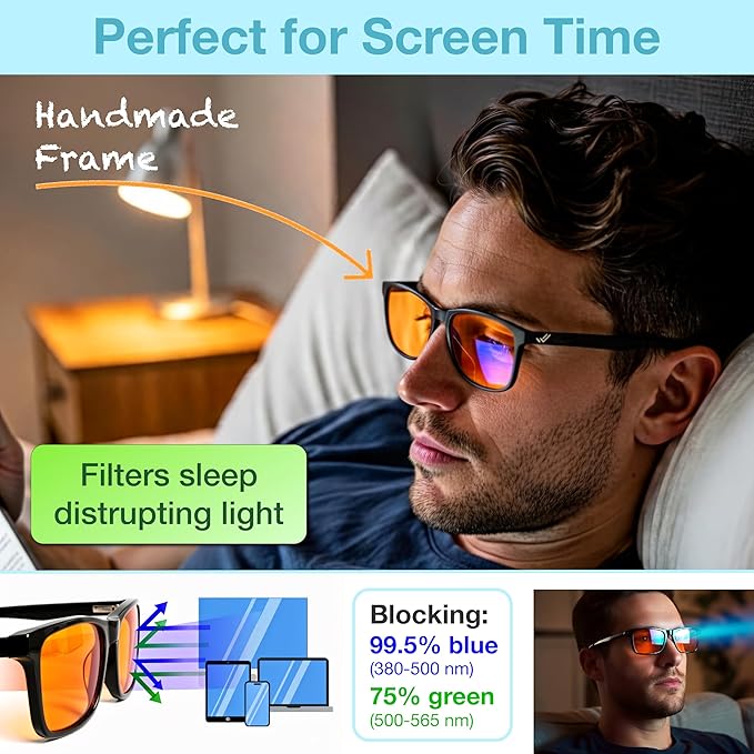 Orange Blue Light Blocking Glasses for Better Sleep - 99.5% Premium Acetate Computer Migraine Glasses for Women & Men - Amber Gaming Glasses - TV Blue Light Blockers Gamer Glasses for Eye Strain