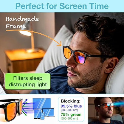 Orange Blue Light Blocking Glasses for Better Sleep - 99.5% Premium Acetate Computer Migraine Glasses for Women & Men - Amber Gaming Glasses - TV Blue Light Blockers Gamer Glasses for Eye Strain