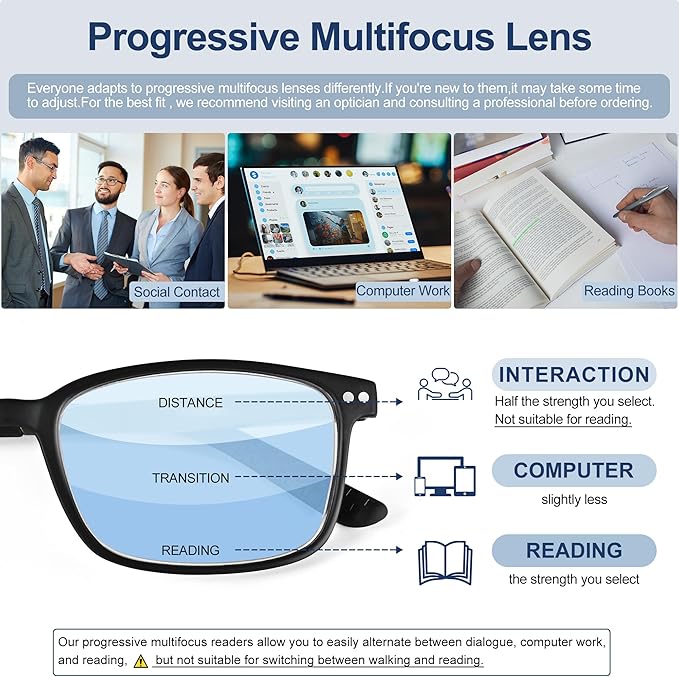 EASY READ TR90 Progressive Multifocal Reading Glasses for Men,Rectangular Blue Light Blocking Readers with Spring Hinge
