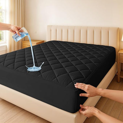 LUX Décor Full Size Mattress Pad - 2 Pack - Quilted Elastic Fitted Mattress Cover Protector Upto 16 Inches Deep Pocket - Soft Breathable Noiseless Mattress Topper (Black “54 X 75”)