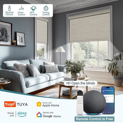 BERISSA Motorized Blinds with Remote,Blackout Smart Roller Shades with App,Voice Control,Jacquard Fabric,Thermal Insulated Automatic Blinds,Electric Shades with USB/Solar Pannel.Maze Beige